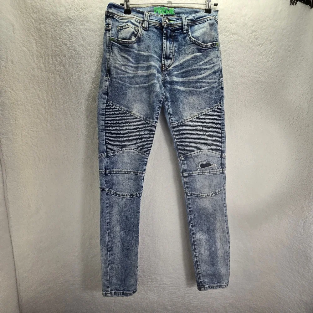 Preme Moto Biker Denim Jeans Mens Sz‎ 28x31 Skinny Distressed Stretch